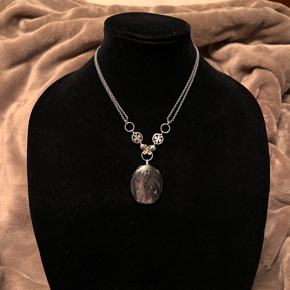 VINTAGE Silver Double-Chain Necklace with a Butterfly Pendant and Black Stone